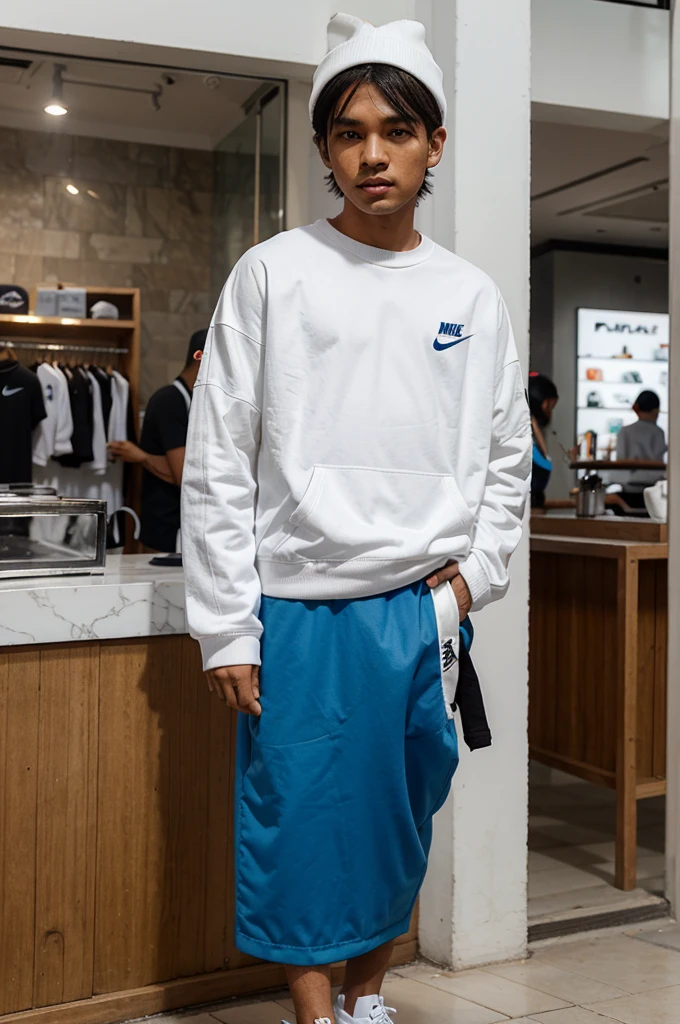 Pria Jawa rambut ikal panjang sebahu memakai sweather streetwear brand of white spatu Nike x off white biru di cafe pinggir jalanan kota malang belakang mall