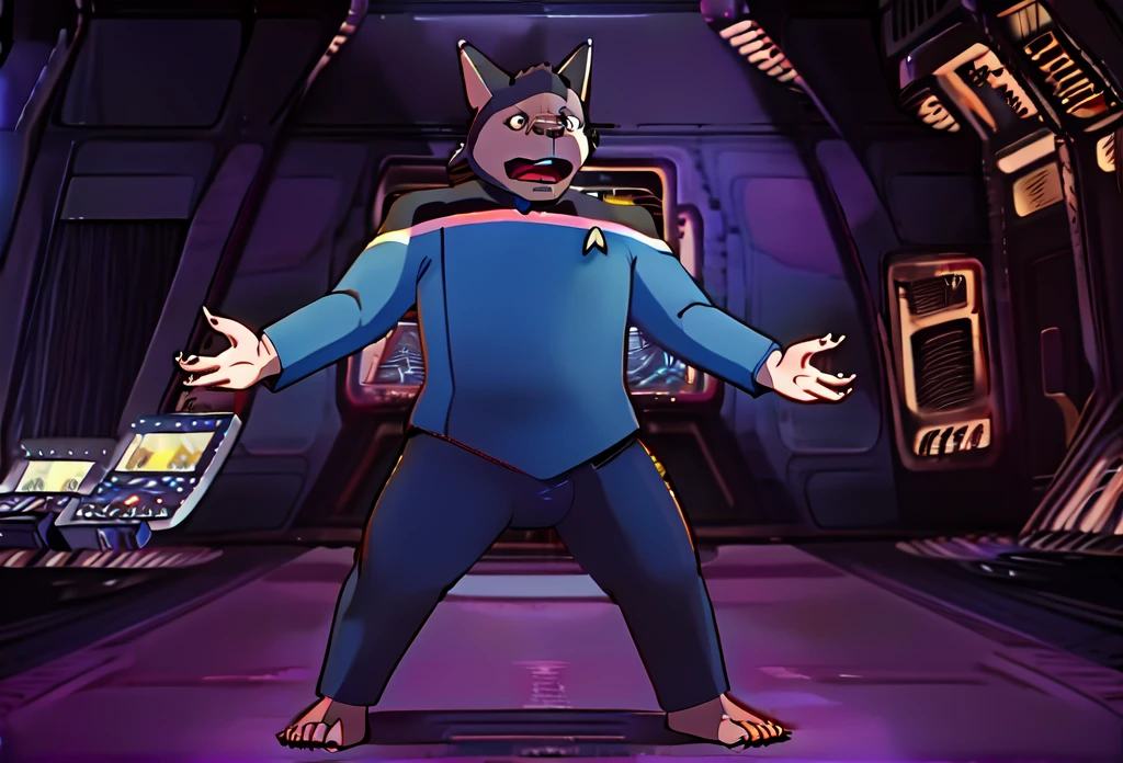 (((Barefoot furry character, full body, cinematic setting, furry male, plantigrade))) 
((Totoro)), studio ghibili, furry, big, fat, whiskers, grey skin, claws,
exudes confidence and authority on starship bridge, ((wears star trek lower decks uniform))), ((sttldunf star trek black and blue uniform)), long black pants, black shoulders, muscular figure, dynamic pose, action expression
((Bridge of starship with many screens and consoles)), futuristic look, metalic, bright colors
BREAK, intricate details, highly detailed, extreme detail, octane render, fine art, best quality, highres, (detailed face:1.5), ((full_body)), UHD, (((perfect hands))), ((low light:1.5))