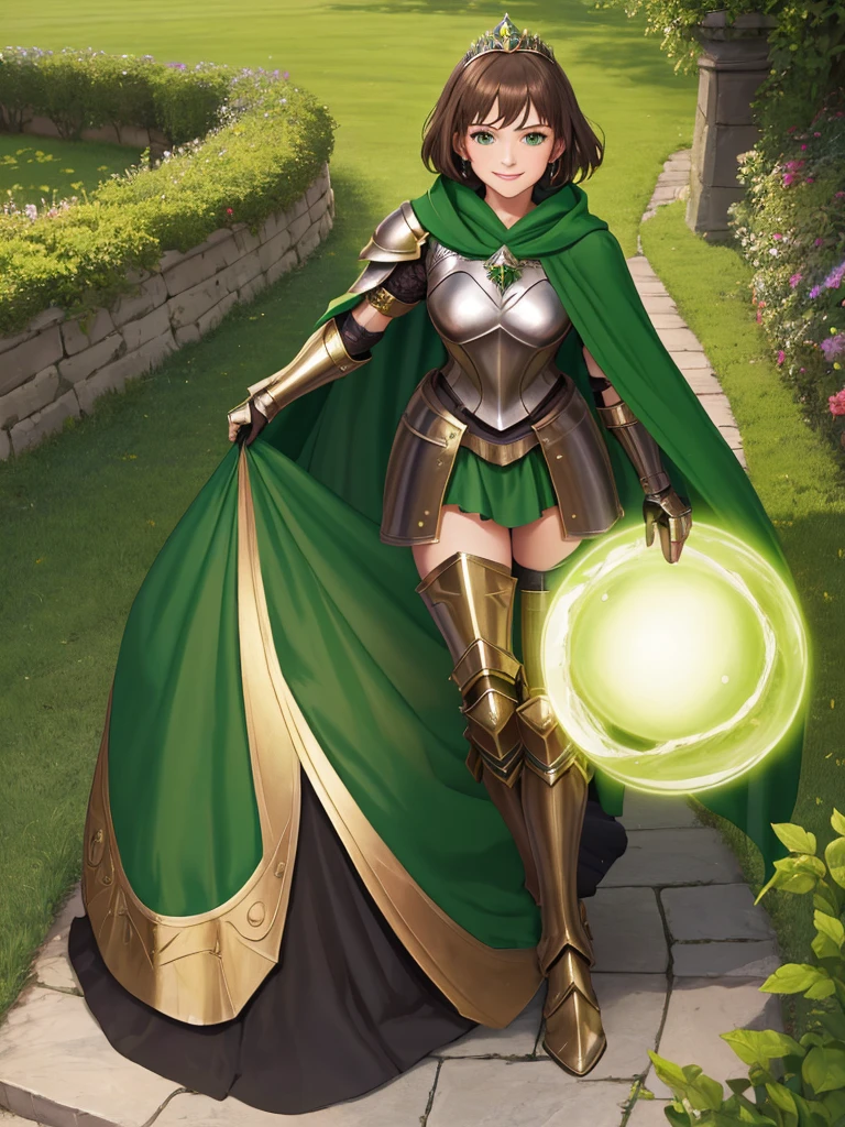 masterpiece, best quality:1.2), 1girl, smile, looking at viewer, green eyes, short brown hair, princess, armor, , pauldrons, armored dress, green cloak cape, wearing puffy blue ballgown skirt, golden tiara with green gem, armored boots, fingerless gloves, standing in medieval garden
