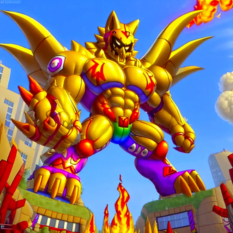 (situation 1 : dominating Shiny_Mega_Lucario. Shiny_Mega_Lucario is over 1000 meters long. focus GIANT mechanical Muscular Shiny_Mega_Lucario is trampling the city. Looking down. macro. stomp. Low-angle perspective. emphasizing the immense size.)
(situation 2 :smoke and flames rising from the destruction in the city)
(Additional details 1: wearing a full-face helmet. golden armor. The Phoenix Wolf. The_Phoenix_Wolf. Armored Flazzard. Armored_Flazzard. high-tech bio-mecha armor. real texture material. whole body shines like metal. Wearing cyberpunk mecha. emphasizes the muscles. suit fully made of metal. intricate armor. Robotic suit. suit fully made of metal. cyborg. He is wearing a golden cloak.).
(Additional details 2: (Detailed head. Detailed Body. Detailed abs. gigantic muscles. HYPER MUSCLES. Gigachad Muscular. big muscle. pecs. triceps. traps. unusually developed muscular body. body full of huge muscles. showing off muscles. pectorales enormes. Exaggeratedly huge muscles. huge muscles. long legs.).
(Additional details 3: Spread wings. It has wings. have big wings. The claws are sharp. Sharp teeth).
(Additional details 4: golden hyper penis. hyper golden penis. big penis)