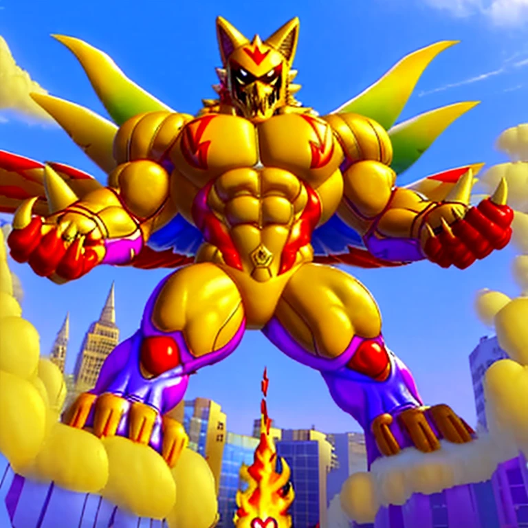 (masterpiece. official art. 8k. best quality. detailed full body. full body.)
(situation 1 : dominating The_Phoenix_Wolf. focus GIANT mechanical Muscular The_Phoenix_Wolf is trampling the CITY. macro. stomp. Low-angle perspective. emphasizing the immense size. The perspective is from below, emphasizing the sheer majesty and power of the Giant. giant art. He is much bigger than a skyscraper. Giga Giants. micro soccer field. looking down.)

(situation 2 :smoke and flames rising from the destruction in the city)

(Additional details 1: wearing a full-face helmet. no face.)

(Additional details 2: (Detailed head. Detailed Body. Detailed abs. gigantic muscles. HYPER MUSCLES. Gigachad Muscular. big muscle. pecs. triceps. traps. unusually developed muscular body. body full of huge muscles. showing off muscles. pectorales enormes. Exaggeratedly huge muscles. huge muscles. long legs.).

(Additional details 3: nj5furry, Spread wings. It has wings. It has large rainbow-colored wings. The claws are sharp. Sharp teeth.). 