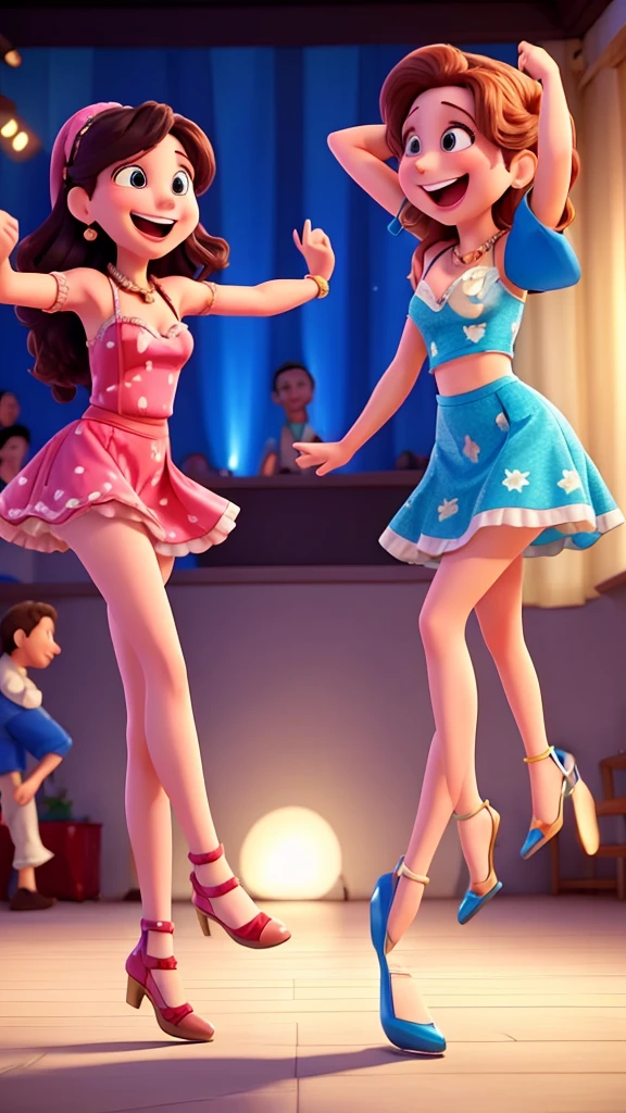 Two animated friends at a lively party scene, one laughing and saying, "I heard you danced a lot last night!" while the other grins and responds with a slight grimace, "Yeah, my legs are feeling it today!"