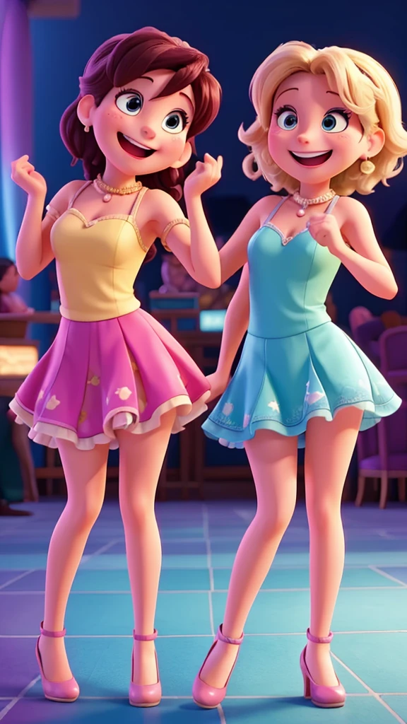 Two animated friends at a lively party scene, one laughing and saying, "I heard you danced a lot last night!" while the other grins and responds with a slight grimace, "Yeah, my legs are feeling it today!"