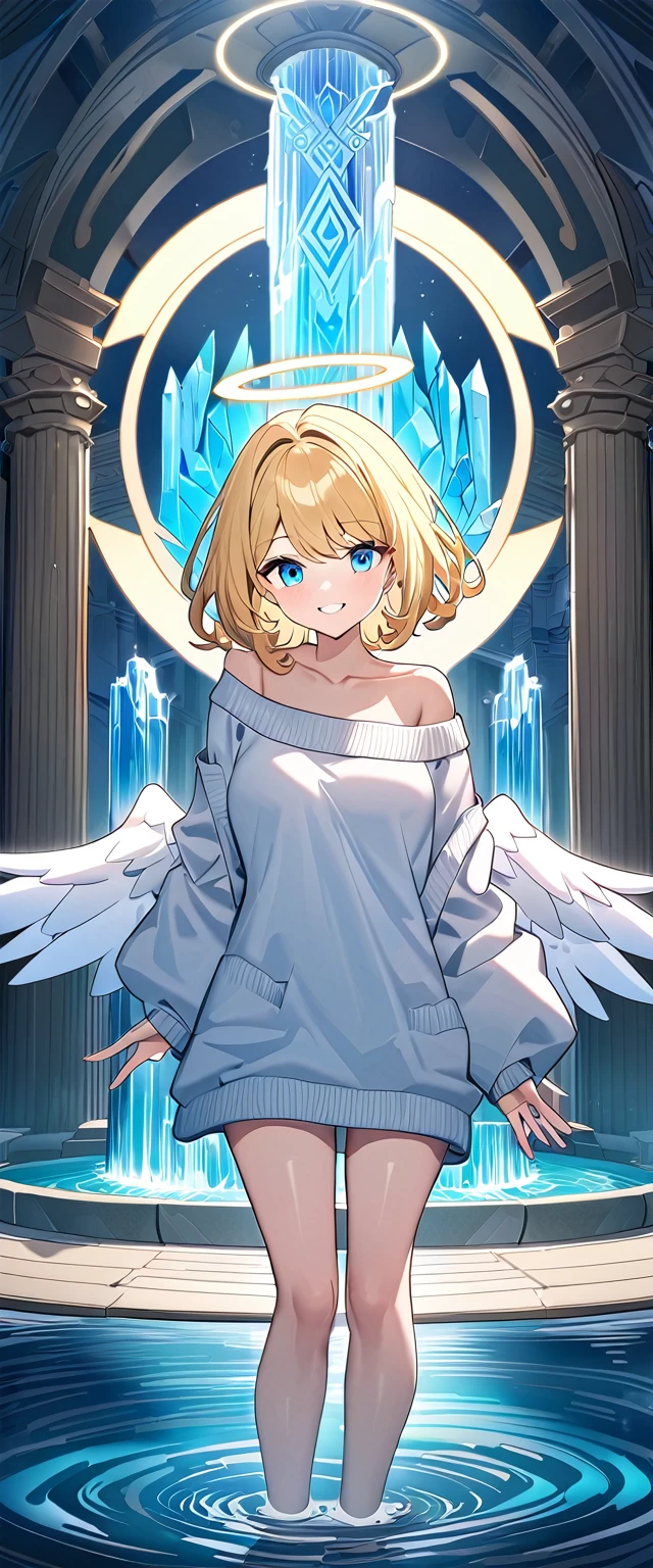 ((angel, big big white wings:1.3, halo:1.3)), ((sea)), (((spread arms))), ((())), ((flying in the sky)), archangel Uriel, ((wavy hair, outward curled hair)), evening, Sunset, ((blond hair, bob cut:1.3)), breasts, teenager, (looking at viewer), oversized clothes, puffy long sleeves, collarbone, ((off-shoulder sweater:1.3, Quite thick shoulder straps)), ((white sweater)), collarbone, head tilt:1.3, (((blue eyes))), (water temple, crystal clear water:1.3), (crystal, reflective, glowing, fountain:1.5), (waterfall), (crystal textured interior), (water ripples:1.3), (clear blue crystal pillars:1.2), (geyser, indoor), (ice wall:1.2), (light blue glowing:1.3), ((happy smile)), (((anime style))), (best quality, 4K, 8K, highres, masterpiece:1.2, ultra-detailed, ultra-detailed eyes, HDR, uhd, studio lighting, ultra-fine painting, sharp focus, physically-based rendering, extreme detail description, professional, vivid colors, bokeh)