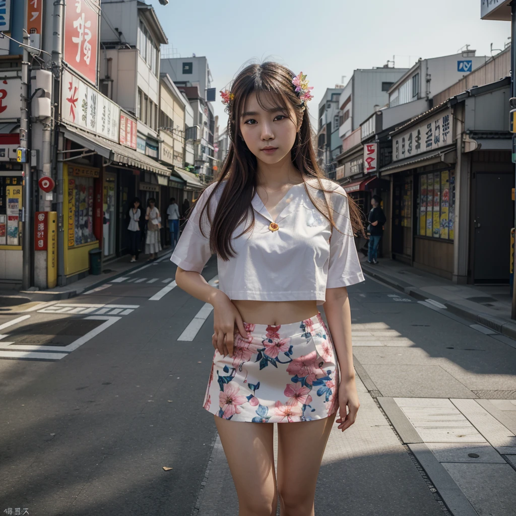 masterpiece, best quality,photorealistic,8k raw photo,midjourney style,, a high-resolution, wide-angle photo of a pretty korean girl standing in a Tokyo city during the day. The photo should have cinematic lighting and the person should be wearing a flower in their hair. There should also be colorful paper airplanes flying around them