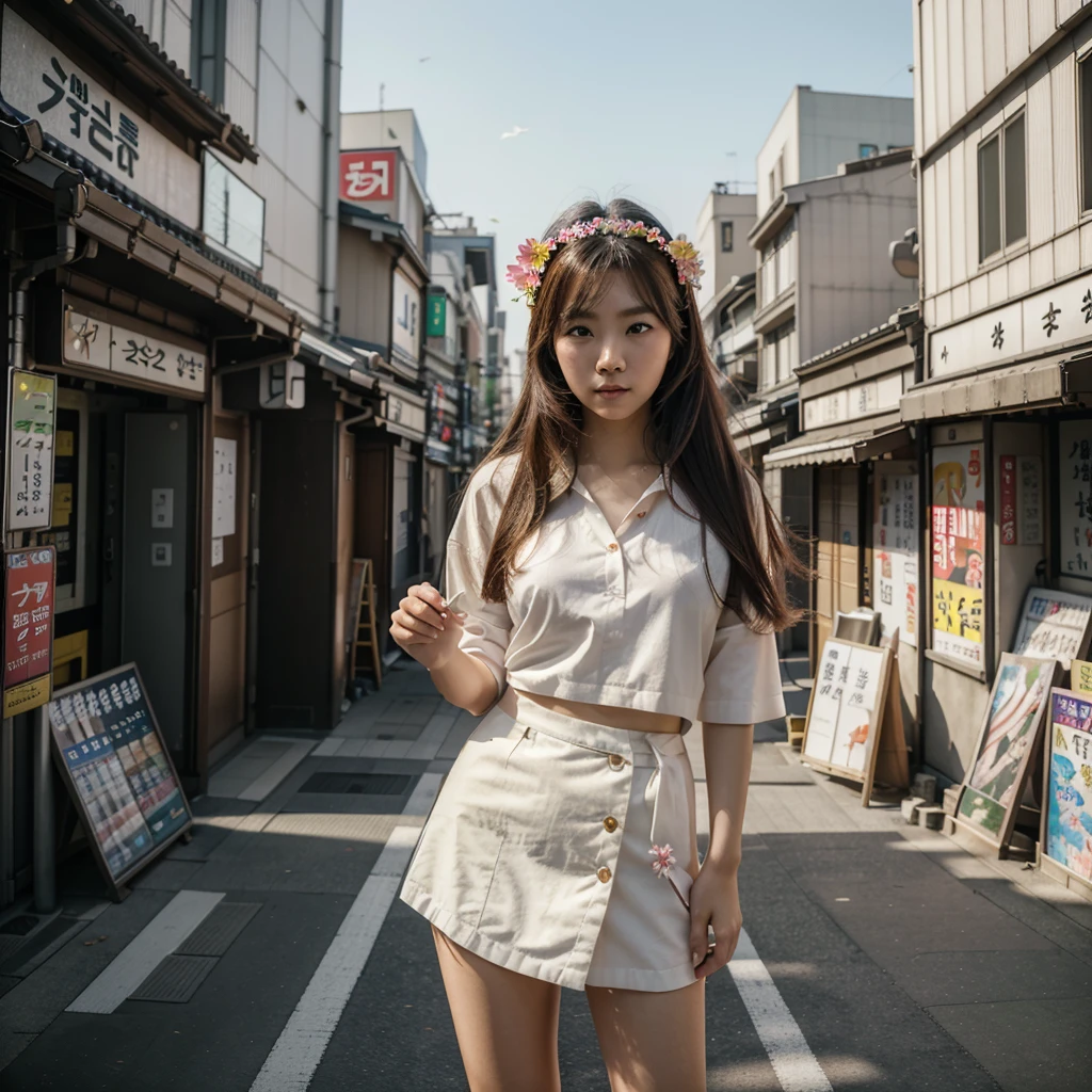 masterpiece, best quality,photorealistic,8k raw photo,midjourney style,, a high-resolution, wide-angle photo of a pretty korean girl standing in a Tokyo city during the day. The photo should have cinematic lighting and the person should be wearing a flower in their hair. There should also be colorful paper airplanes flying around them
