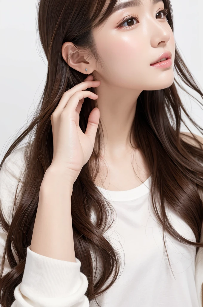 (Highest quality、Tabletop、8K、Best image quality、Award-winning works)、((profile:1.4))、ear、((Long Hair:1.46)),(Brown Hair)、(White casual clothes:1.2)、(The simplest pure white background:1.3)、(Perfectly fixed in front:1.1),(Portrait with Space:1.2)、Beautiful and exquisite、Perfect Makeup、Ultra-high definition beauty face、Ultra HD Hair、Ultra HD Shining Eyes、Super high quality glossy lip、Accurate anatomy、Very beautiful skin、(Pure white skin shining in ultra-high resolution:1.1)、(Very bright:1.2),Big Natural Color Lip、Lip gloss,Harajuku、cute、cute美人