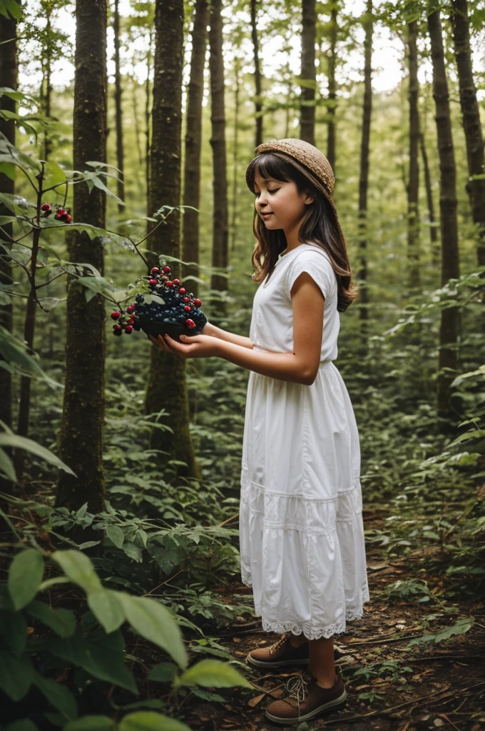 A girl in white picks berries in the forest