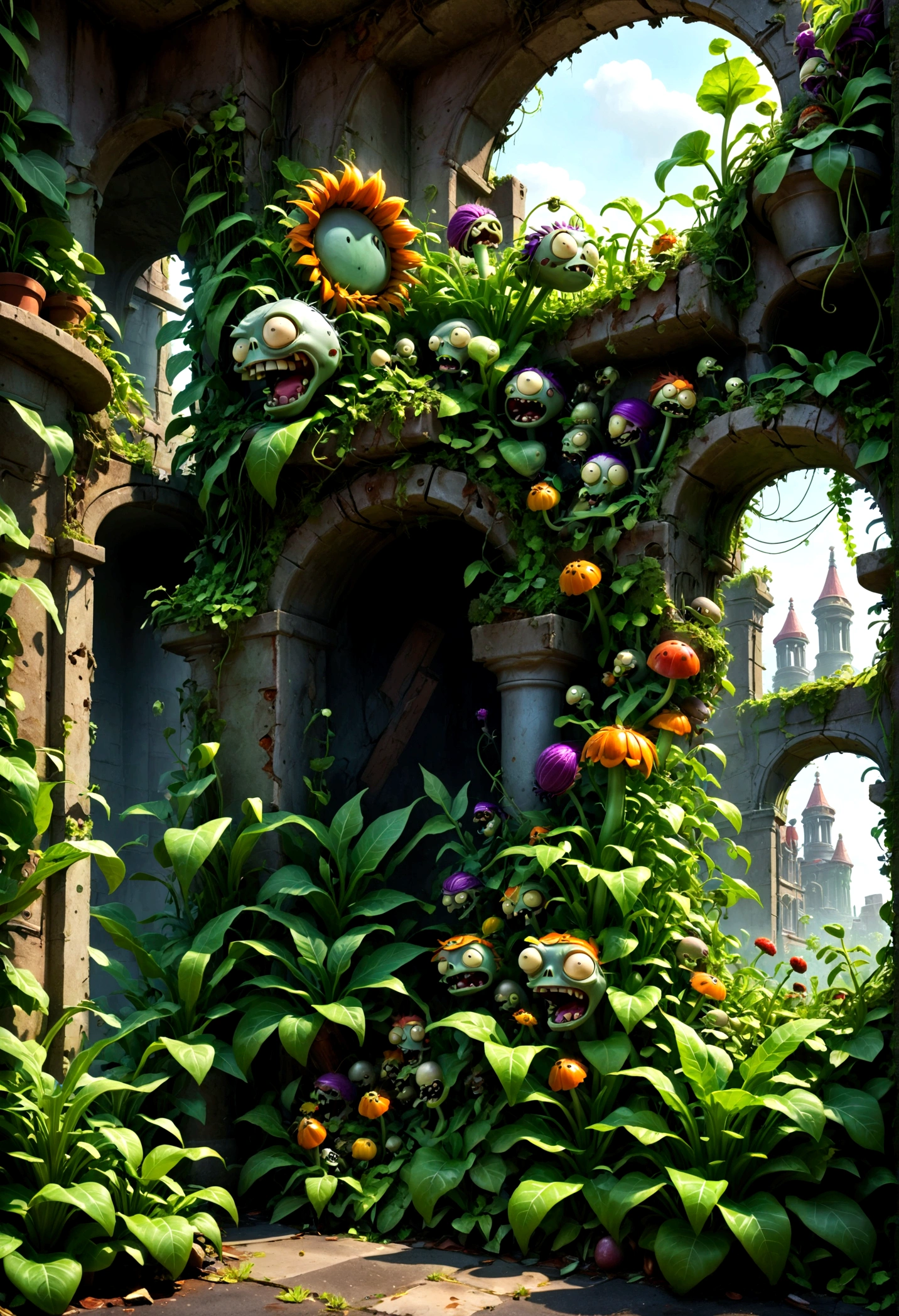 Plants vs. Zombies, detailed plants vs zombies, botanical garden, overgrown greenery, nature vs technology, vibrant colors, lush foliage, decaying ruins, post-apocalyptic, dark fantasy, cinematic lighting, dramatic shadows, highly detailed, intricate textures, 8k, masterpiece, best quality, very aesthetic, absurdres