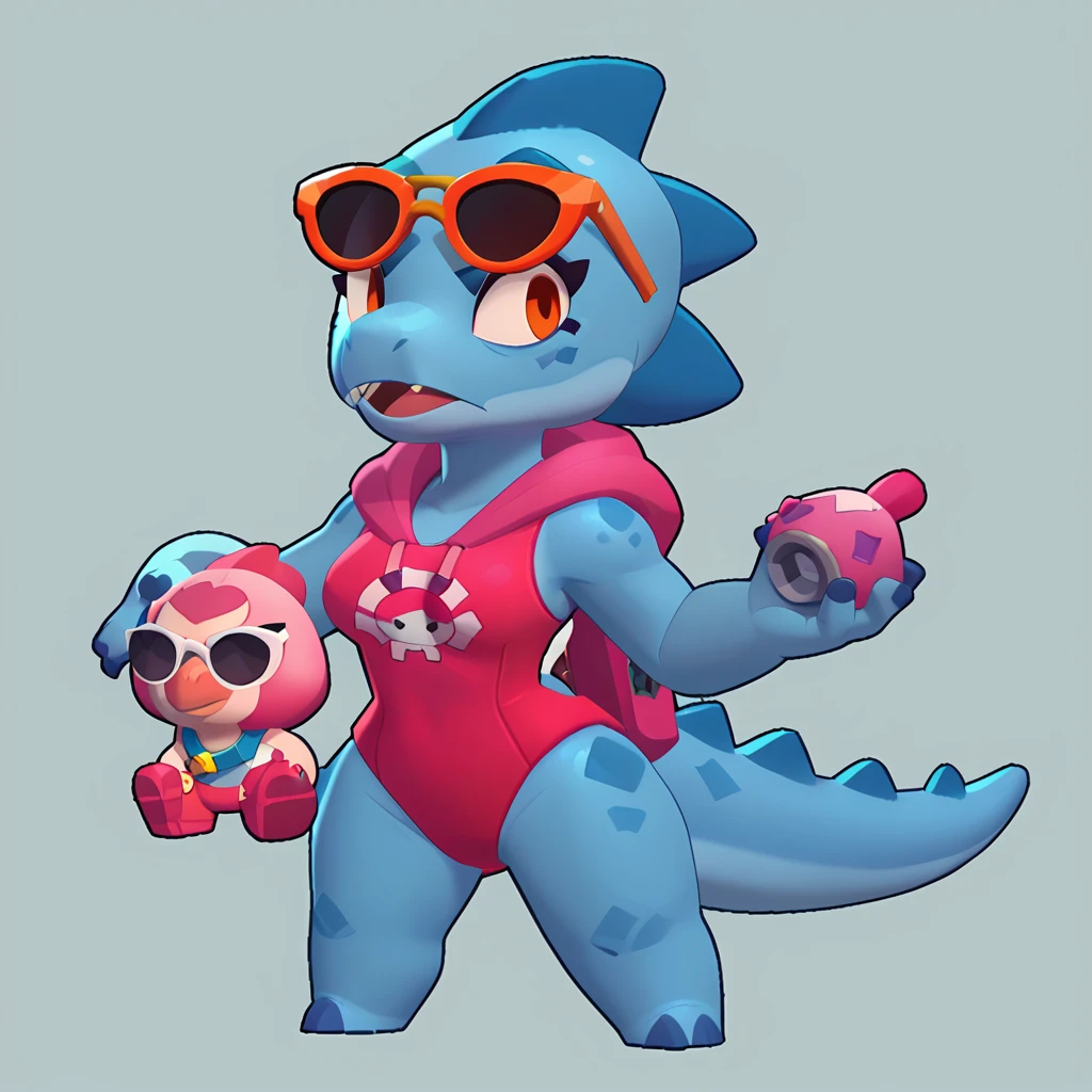 full body view of a monster dinosaur, blue skin, female, dressed in a red swimsuit and sunglasses, with a pink and white buoy, dinosaure animal, brawl, brawl stars
