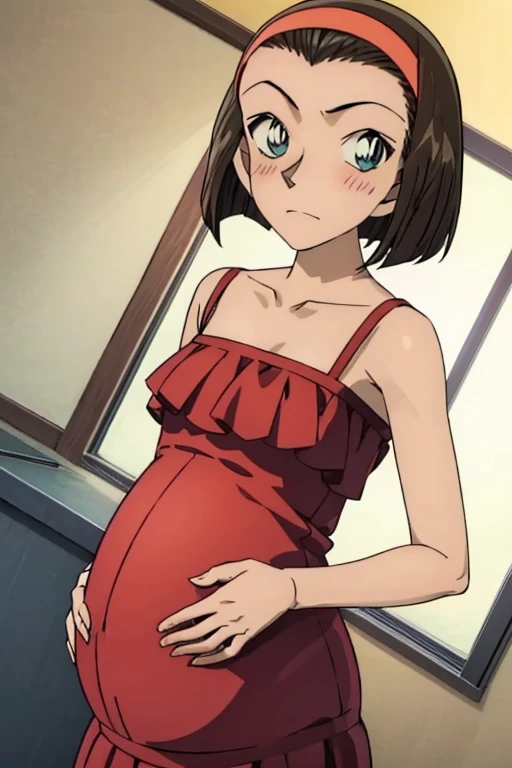 looking at the camera、When I Look at You、lookatviewer、Anime Style、Eroge、1 Girl, (Huge breasts),(Maternity)、Low Angle、Brown haired, hair band、Bob Hair、The forehead is visible、blush,The whole body is visible:1.5、Long skirt、Crew neck top