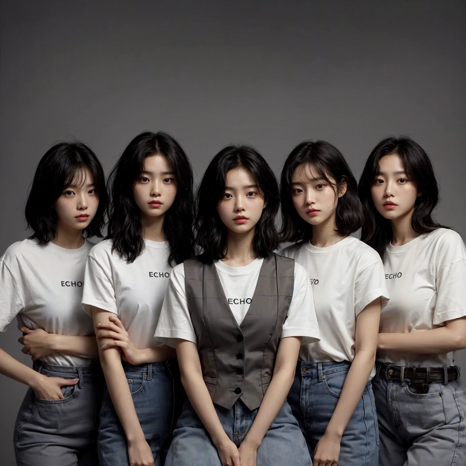 5 Korean girls standing in a line from right to left. Ages range from 16 to 20 years old. Medium black hair (((3 girls with messy hairstyles), (1 girl with a wavy bob hairstyle), (1 girl with a ponytail hairstyle))), medium chest size, medium arm size, perfect body. Wearing plain white t-shirts with the word "ECHO", wearing vests, serious expressions looking at the camera. Arms around each other's shoulders. Gray background.