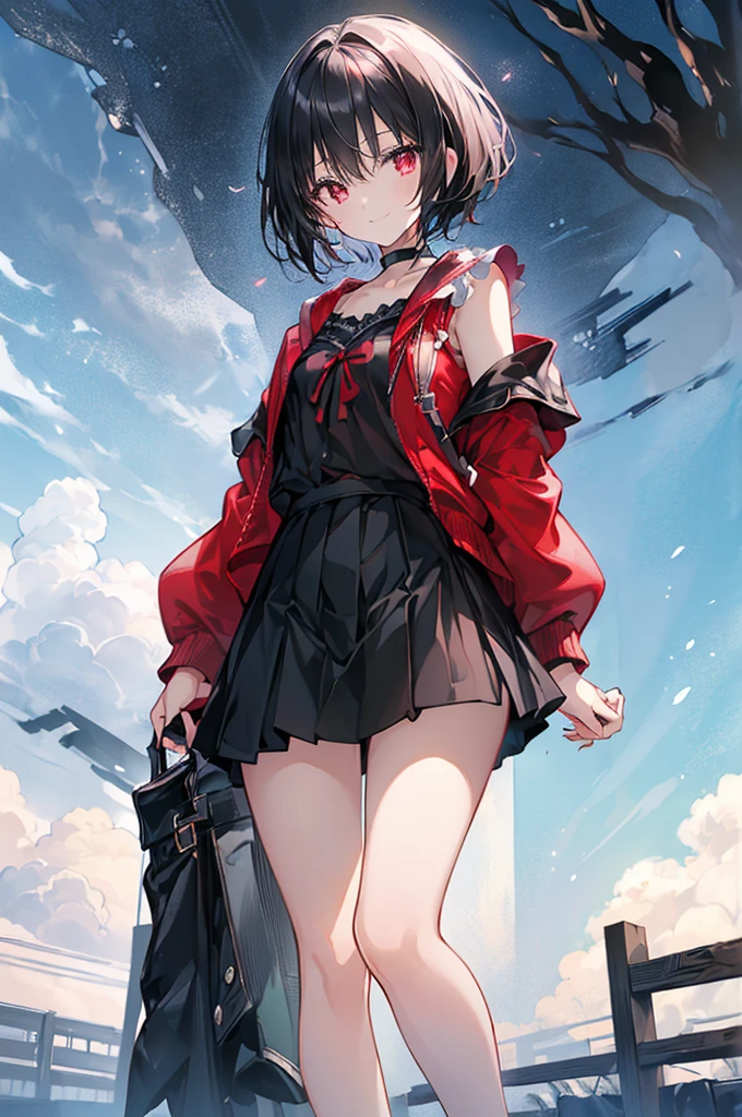 (masterpiece, highest quality, highest quality, (No text), Beautiful and aesthetic:1.2),No text,アニメ、BREAK,One Girl,Black Hair Girl short hair older sister choker Tree Eyes Beautiful eyes Red eyes cool smile Red and Black Black jacket mini skirt whole body In town
