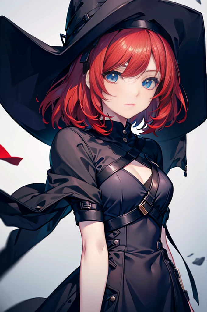 a beautiful girl with red hair wearing a black dress, detailed facial features, bob haircut, full body illustration, woman wearing a long black and red coat, solo character, white background, anime style, highly detailed, photorealistic, 8k, best quality, masterpiece, blue eyes, short hair