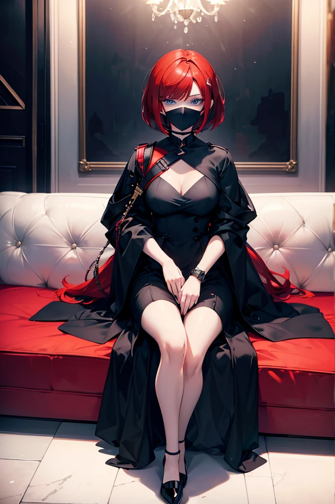 a beautiful girl with red hair wearing a black dress, detailed facial features, bob haircut, full body illustration, woman wearing a long black and red coat, solo character, white background, anime style, highly detailed, photorealistic, 8k, best quality, masterpiece, blue eyes, short hair