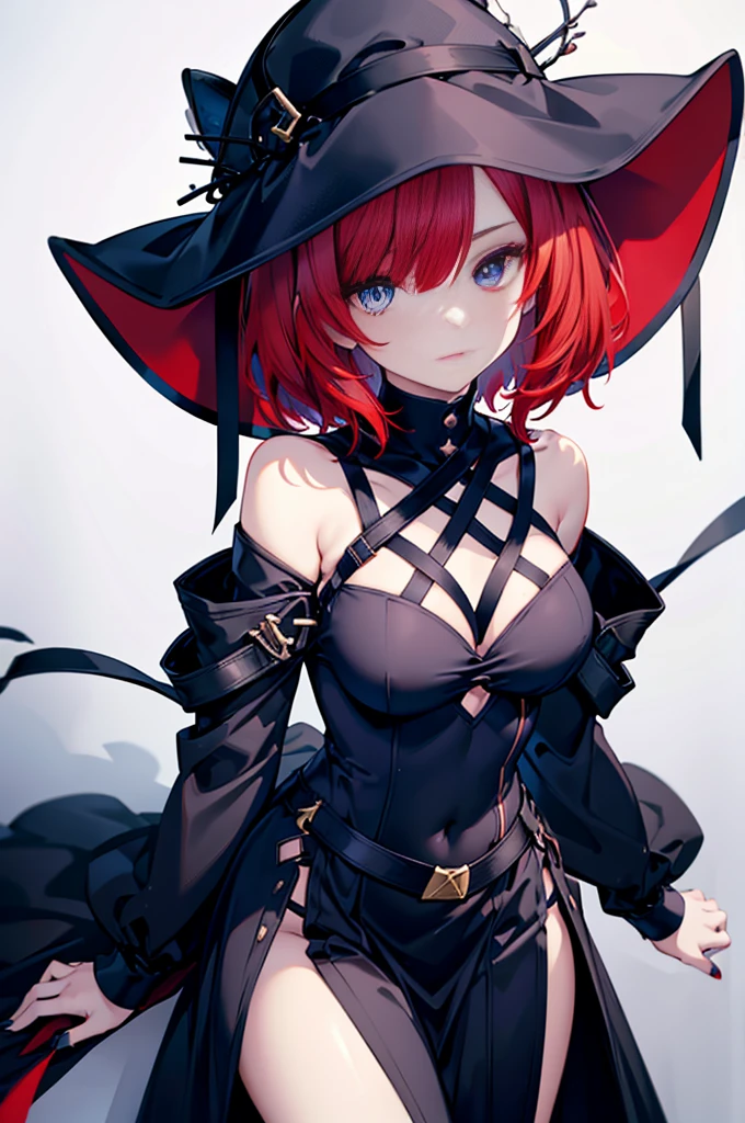 a beautiful girl with red hair wearing a black dress, detailed facial features, bob haircut, full body illustration, woman wearing a long black and red coat, solo character, white background, anime style, highly detailed, photorealistic, 8k, best quality, masterpiece, blue eyes, short hair