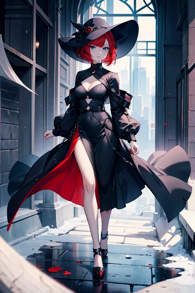 a beautiful girl with red hair wearing a black dress, detailed facial features, bob haircut, full body illustration, woman wearing a long black and red coat, solo character, white background, anime style, highly detailed, photorealistic, 8k, best quality, masterpiece, blue eyes, short hair