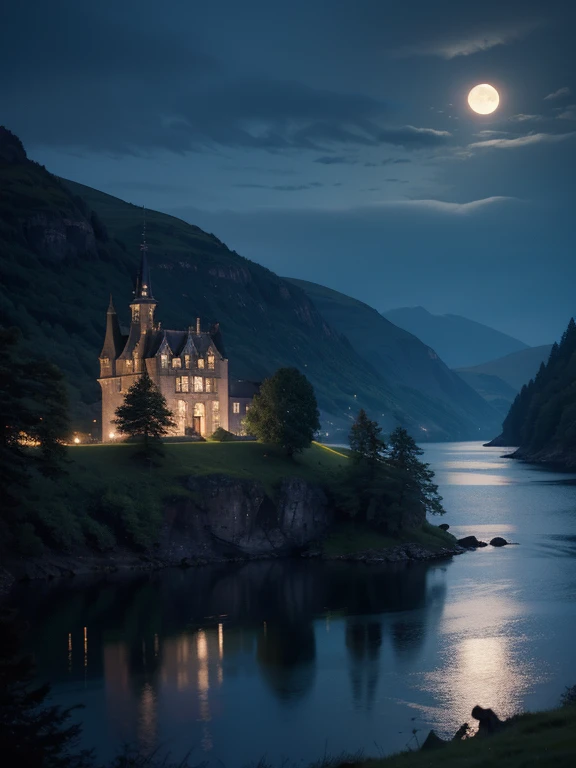 at night, castle village in Scotland, Loch Ness, beautiful moonlit lake Loch Ness, good lighting, realistic image, masterpiece, high quality 8K, sharp focus