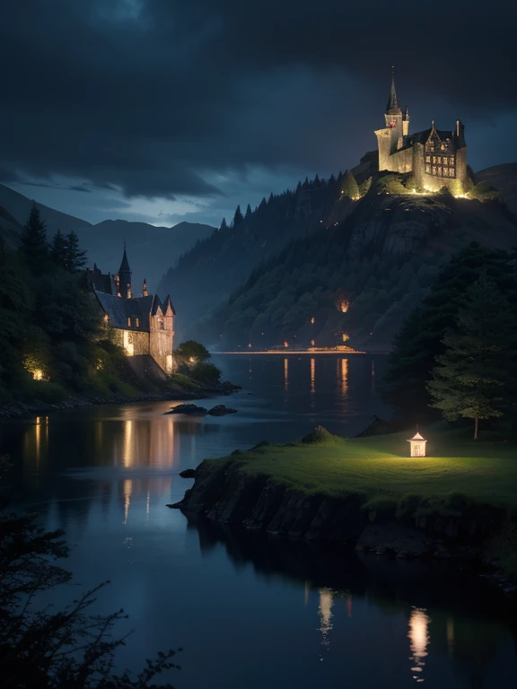 at night, castle village in Scotland, Loch Ness, beautiful moonlit lake Loch Ness, good lighting, realistic image, masterpiece, high quality 8K, sharp focus