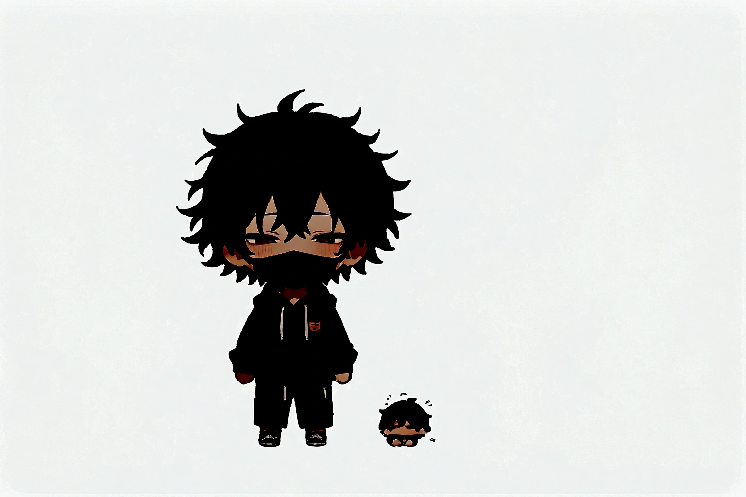 masterpiece,chibi,1man, half closed eyes, black hair, mouth mask, full body, white background, simple background, very short hair, messy hair, hoodie, smile、Banzai