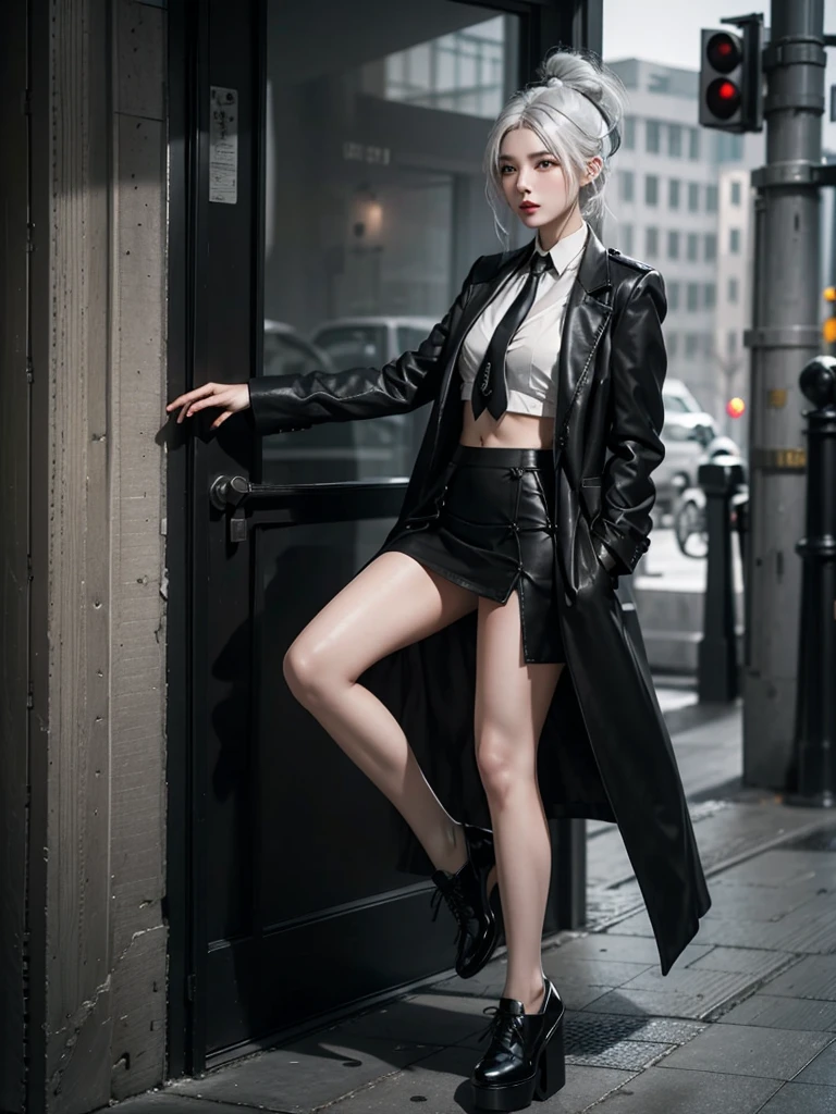 Battlefield Background,A long black coat,White belly-baring tube top,Tie a tie,grey miniskirt,Close-up shot of young girl with white hair in black platform shoes holding bow,Full body close-up