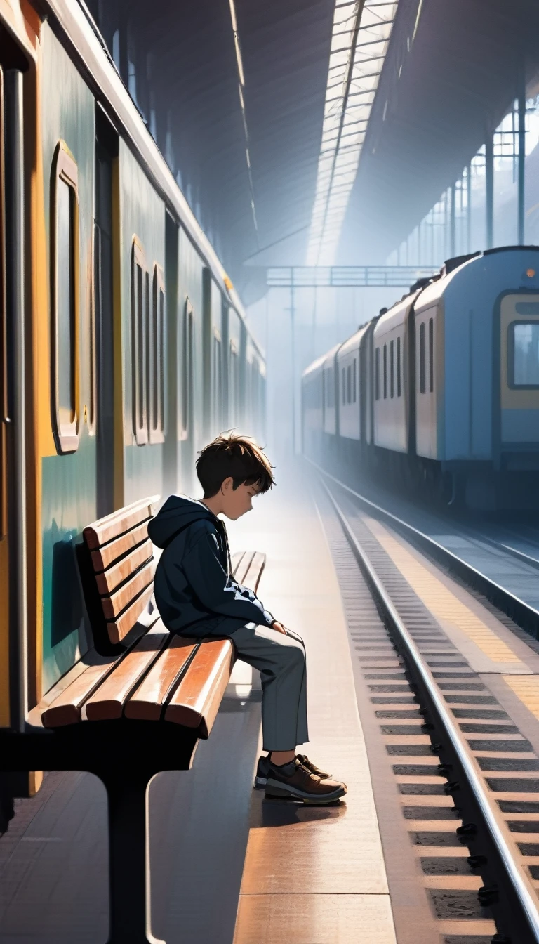 a young boy sad and seat alone in bench railway station said and boy near passing rail