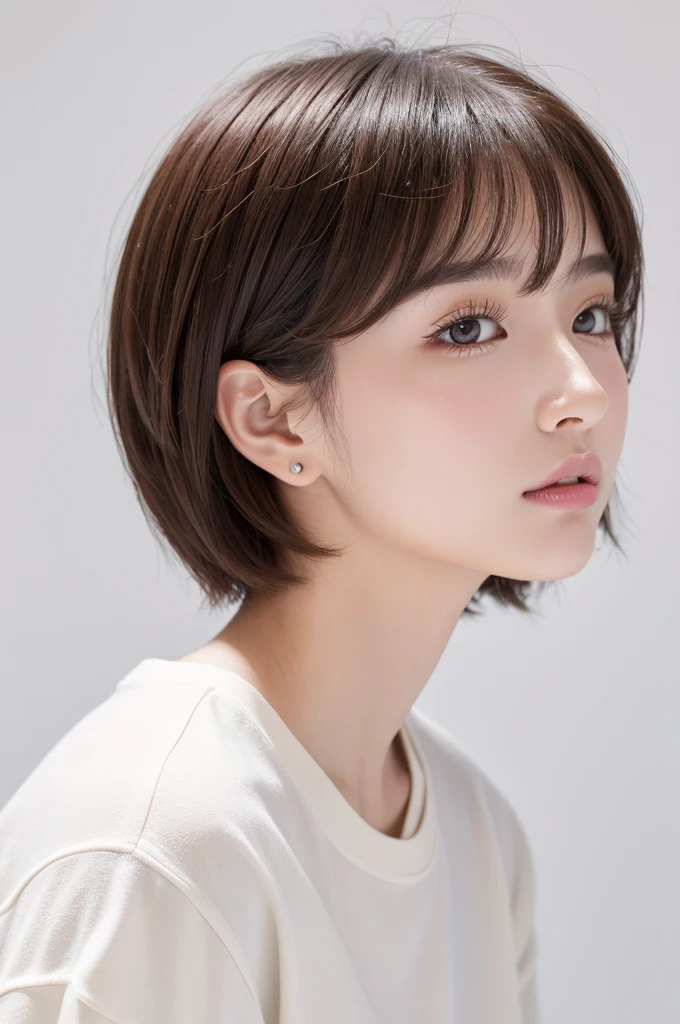 (Highest quality、Tabletop、8K、Best image quality、Award-winning works)、((profile:1.4))、ear、((short hair:1.46)),(Brown Hair)、(White casual clothes:1.2)、(The simplest pure white background:1.3)、(Perfectly fixed in front:1.1),(Portrait with Space:1.2)、Beautiful and exquisite、Perfect Makeup、Ultra-high definition beauty face、Ultra HD Hair、Ultra HD Shining Eyes、Super high quality glossy lip、Accurate anatomy、Very beautiful skin、(Pure white skin shining in ultra-high resolution:1.1)、(Very bright:1.2),Big Natural Color Lip、Lip gloss,Harajuku、cute、cute美人