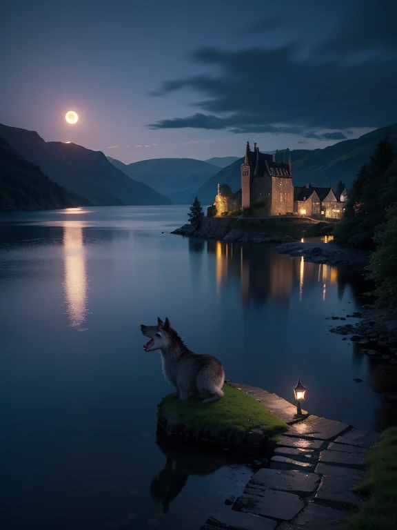 at night, castle village in Scotland, Loch Ness, beautiful moonlit lake Loch Ness, good lighting, realistic image, masterpiece, high quality 8K, sharp focus