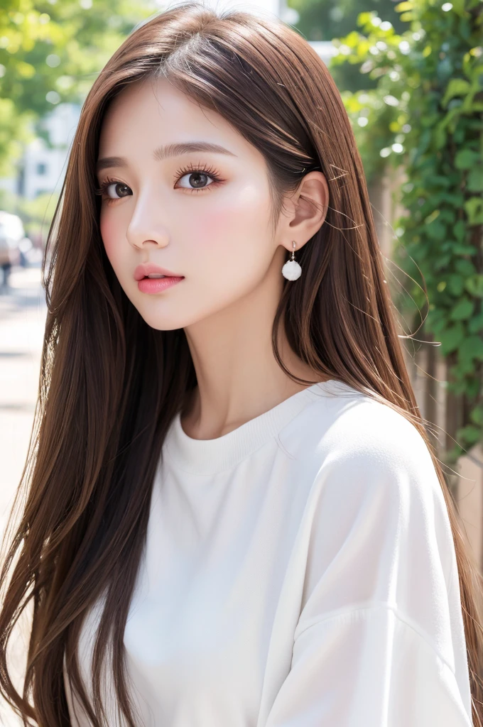 (Highest quality、Tabletop、8K、Best image quality、Award-winning works)、((profile:1.4))、ear、((Long Hair:1.46)),(Brown Hair)、(White casual clothes:1.2)、(The simplest pure white background:1.3)、(Perfectly fixed in front:1.1),(Portrait with Space:1.2)、Beautiful and exquisite、Perfect Makeup、Ultra-high definition beauty face、Ultra HD Hair、Ultra HD Shining Eyes、Super high quality glossy lip、Accurate anatomy、Very beautiful skin、(Pure white skin shining in ultra-high resolution:1.1)、(Very bright:1.2),Big Natural Color Lip、Lip gloss,Harajuku、cute、cute美人