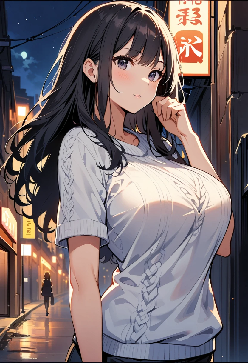 1woman, long hair, black hair, black eyes, (Age 30s), night view, street,(knit sweater),(short sleeve),(big breasts),