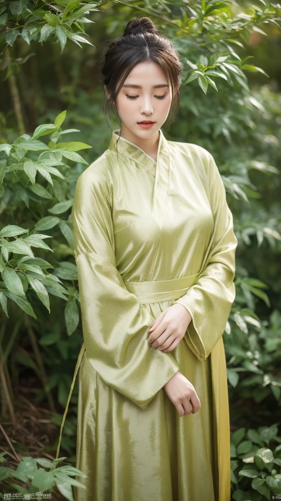 (lifelike, high resolution:1.3), close up,1 Beauty,Dark hair like clouds,Face the line of sight,Look at the viewer,Crimson Hanfu,Long skirt,Clothing fluttering,Quiet atmosphere,Bamboo forest background,Standing,Long black hair,jade hairpins,Jade Hair Bun,chrysanthemum,Yellow flower bush,Close your eyes,field,autumn rain,Hammerhead,Wide sleeves,Gusong,Watermark,Lip pursing,Holding a piano,Holding a piano桂花,Long sleeves,Kasumi,High bun,early morning,Classical illustration,Graceful posture,Light and dark,high quality,8K。