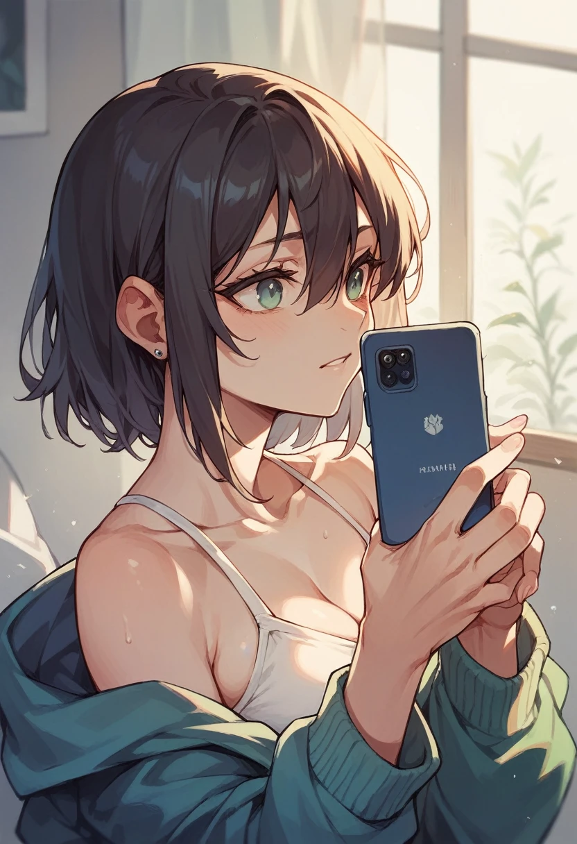 girl, sweat, medium breast, shy, detailed hand, looking at viewer, dynamic shadows, slight smile