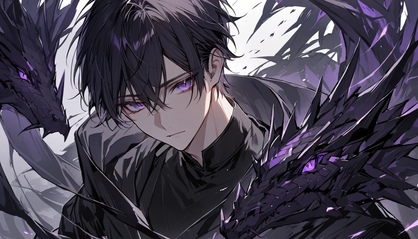 good looking, alone, 1 male, short hair, Black Hair, Purple eyes, Black Shirt, Black Cape, Black Dragon