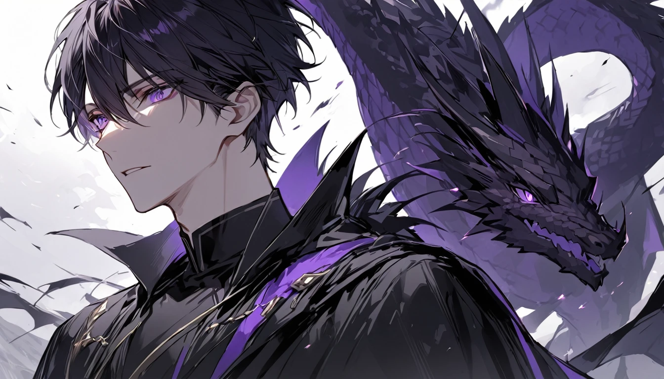 good looking, alone, 1 male, short hair, Black Hair, Purple eyes, Black Shirt, Black Cape, Black Dragon