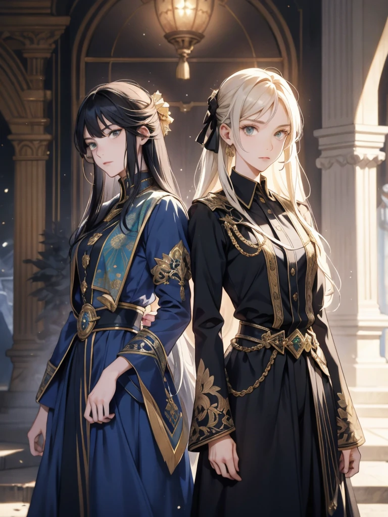 The book cover features intricately detailed artwork in an anime or manga style. On the left side, one twin girl with a neat, heroic face and long straight hair casts a shadow. Beside her, another girl, not her twin, stands slightly behind or peeks out from behind her with a contrasting expression, adding depth to the scene. Both girls flank the male protagonist in the center, who confidently stands as the mine owner. He has short, sharp-jawed features and is dressed stylishly, emphasizing his central role. In the vibrant background, a majestic castle enhances the festive atmosphere, heightening the dramatic tension between the characters