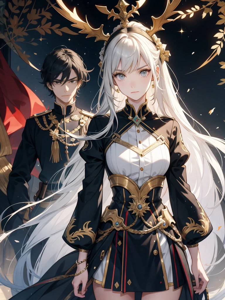 The book cover features intricately detailed artwork in an anime or manga style. On the left side, one twin girl with a neat, heroic face and long straight hair casts a shadow. Beside her, another girl, not her twin, stands slightly behind or peeks out from behind her with a contrasting expression, adding depth to the scene. Both girls flank the male protagonist in the center, who confidently stands as the mine owner. He has short, sharp-jawed features and is dressed stylishly, emphasizing his central role. In the vibrant background, a majestic castle enhances the festive atmosphere, heightening the dramatic tension between the characters