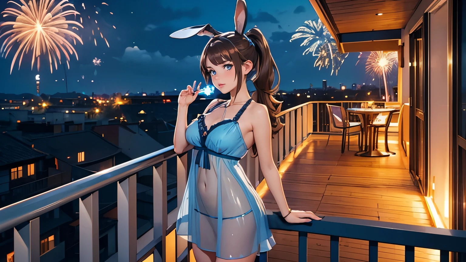 Woman, Brown HAir, Long Hair, Ponytail, (Brown Rabbit Ears), Blue Eyes, Very Large Breasts, ((Short Blue Translucent mini dress)), (((Translucid Dress))), High Heels, (On Balcony Watching Fireworks), at night
