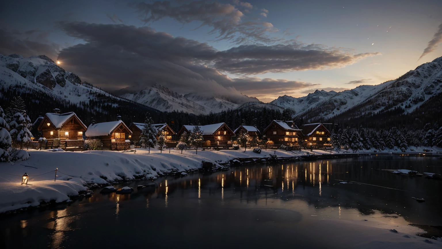 Hyper-realistic snow-covered village in the mountains, cozy wooden cabins with smoke rising from chimneys, detailed textures of snow and ice, villagers in winter clothing, a frozen lake and pine trees, soft twilight glow, a sense of tranquility and isolation.