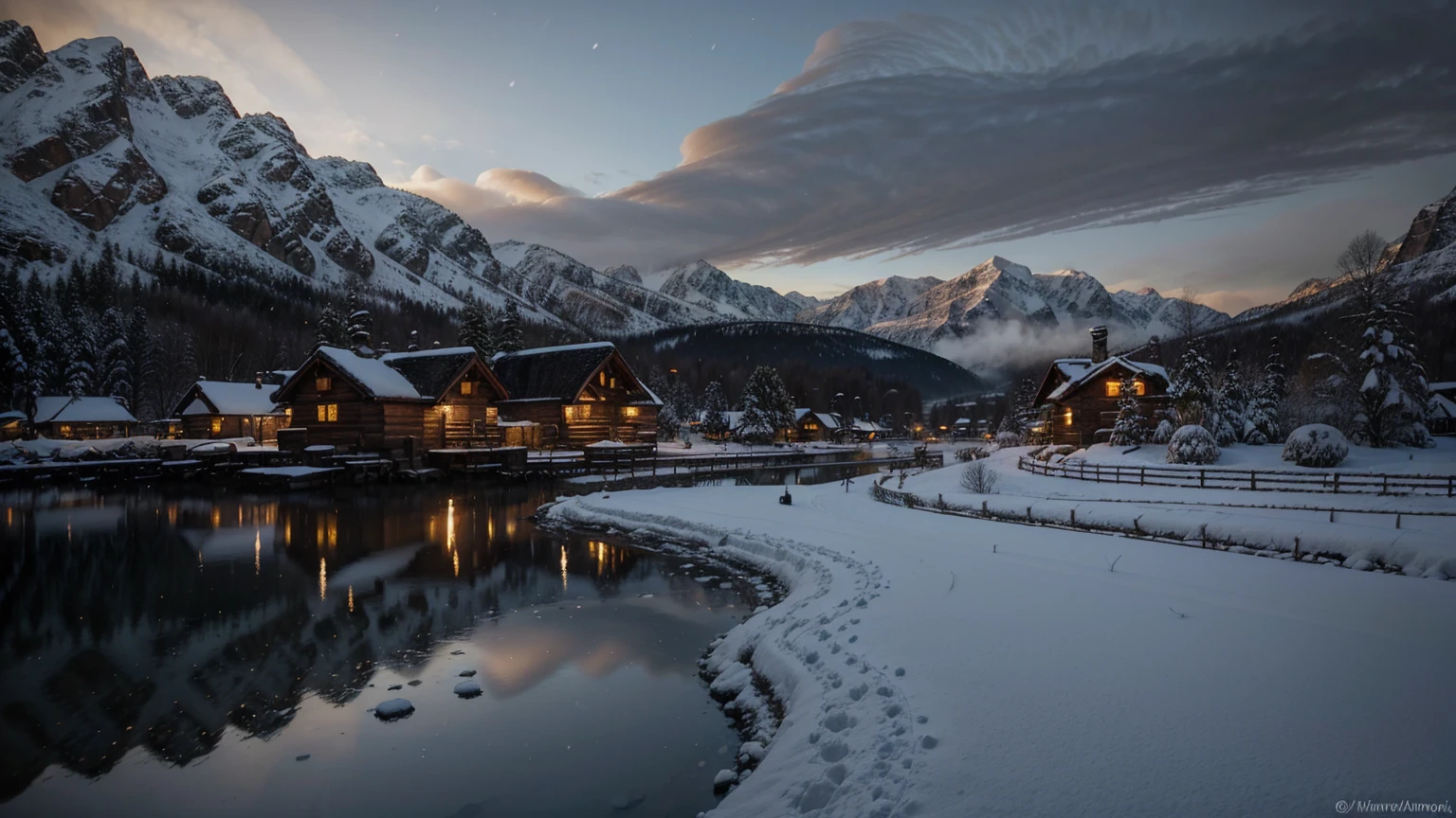 Hyper-realistic snow-covered village in the mountains, cozy wooden cabins with smoke rising from chimneys, detailed textures of snow and ice, villagers in winter clothing, a frozen lake and pine trees, soft twilight glow, a sense of tranquility and isolation.