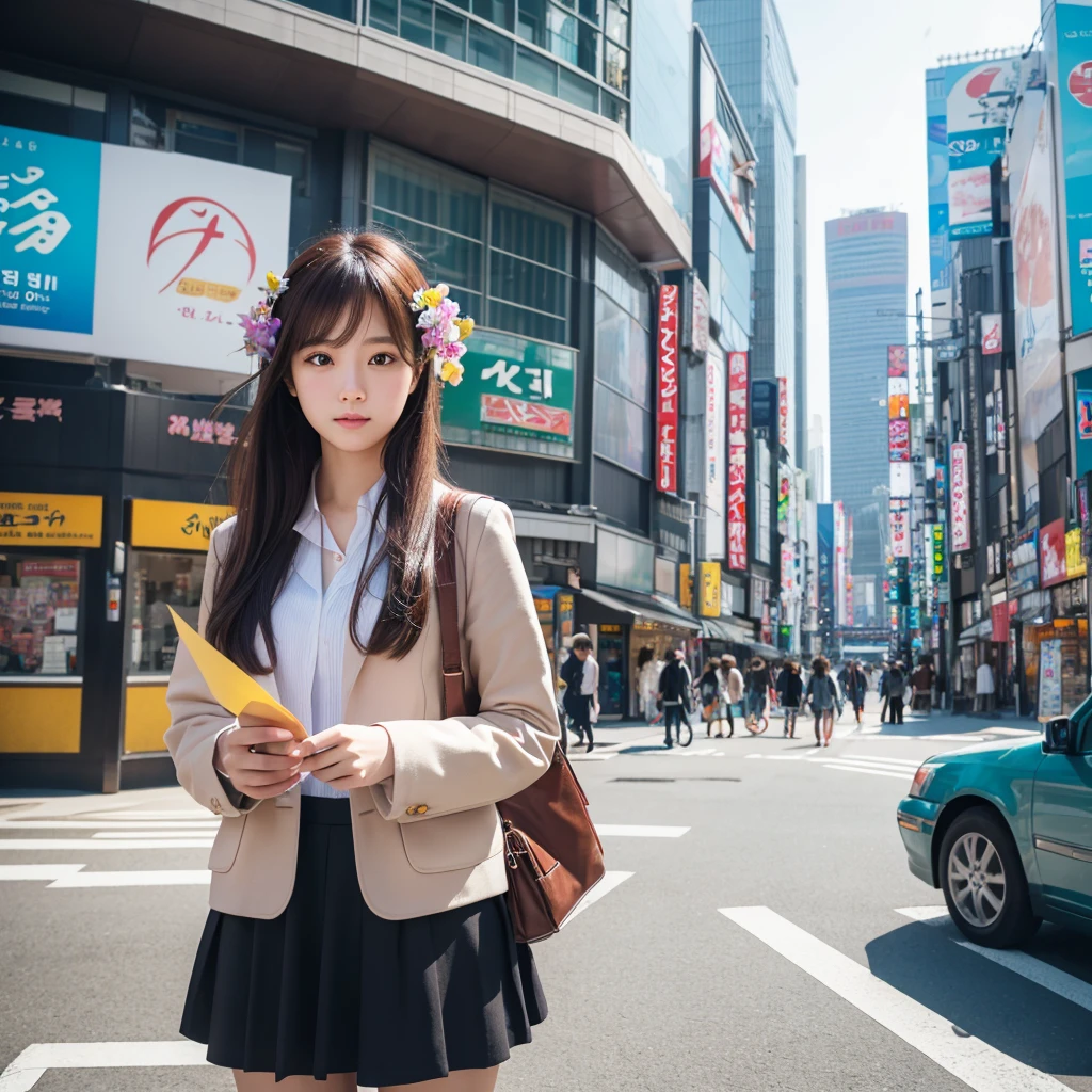 masterpiece, best quality,photorealistic,8k raw photo,midjourney style,,  a high-resolution, wide-angle photo of a pretty korean girl standing in a Tokyo city during the day. The photo should have cinematic lighting and the person should be wearing a flower in their hair. There should also be colorful paper airplanes flying around them