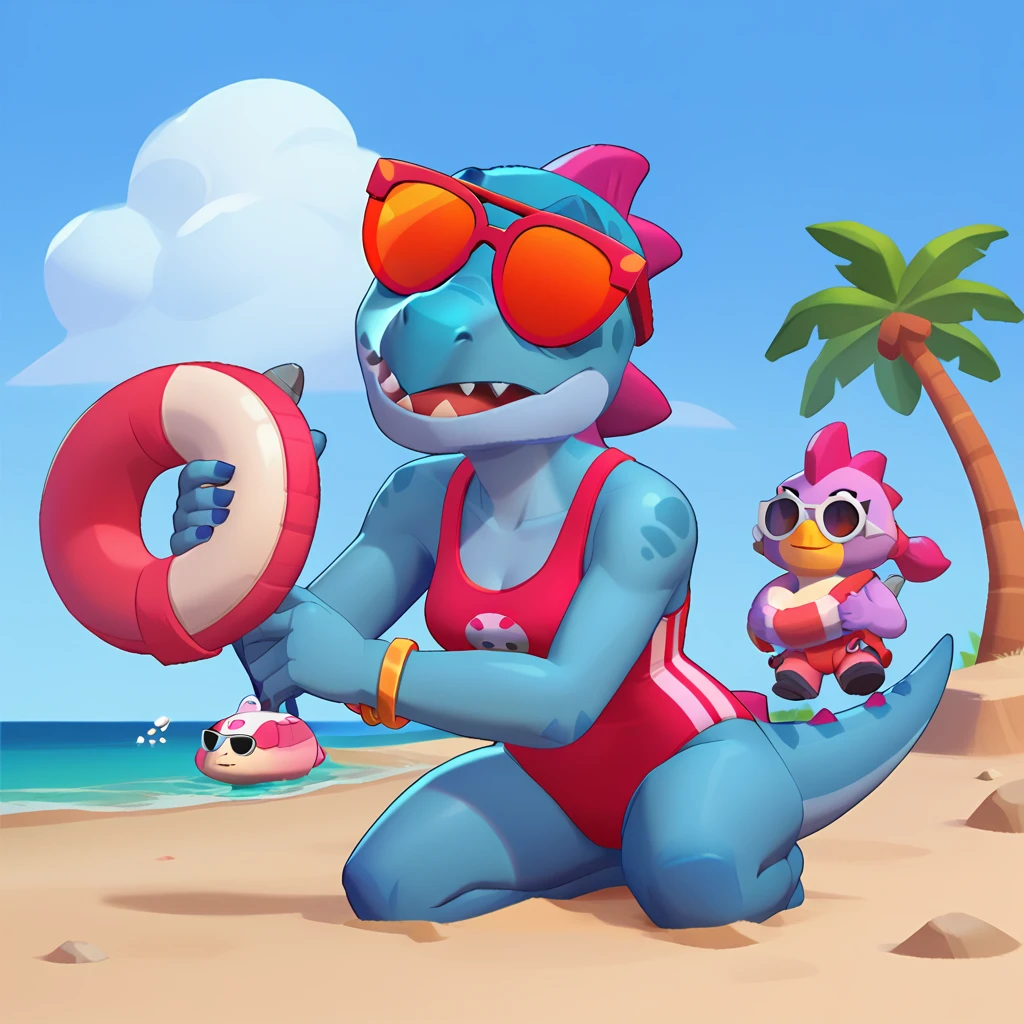 full body view of a dinosaur, blue skin, female, dressed in a red swimsuit and sunglasses, with a pink and white buoy, dinosaure animal, brawl, brawl stars
