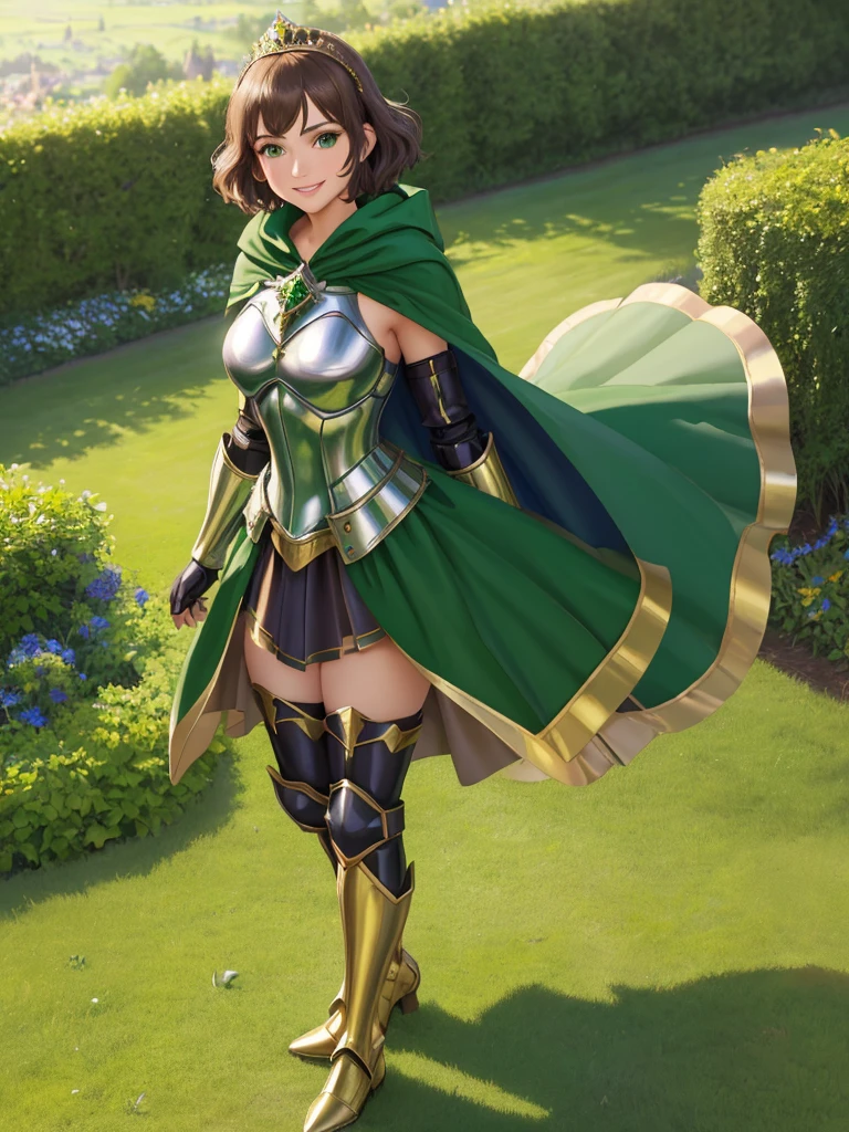 masterpiece, best quality:1.2), 1girl, smile, looking at viewer, green eyes, short brown hair, princess, armor, , pauldrons, armored dress, green cloak cape, wearing puffy blue ballgown skirt, golden tiara with green gem, armored boots, fingerless gloves, standing in medieval garden