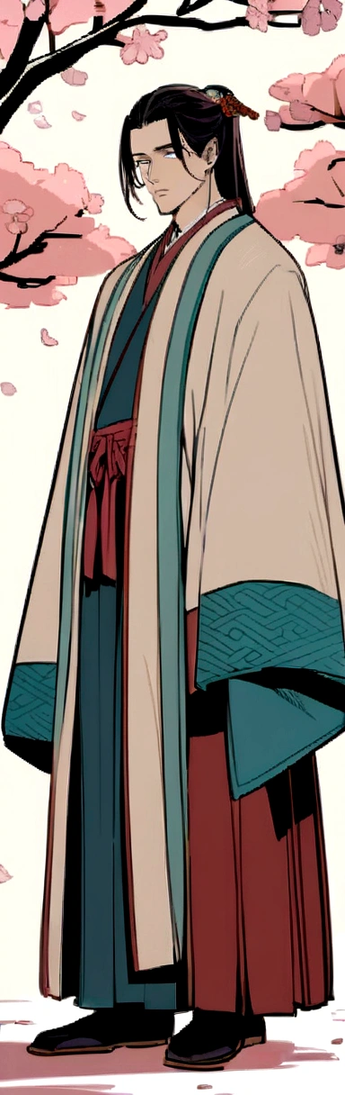 Animated male wearing traditional Chinese Hanfu, Standing under the cherry trees, Vintage ponytail long hair,