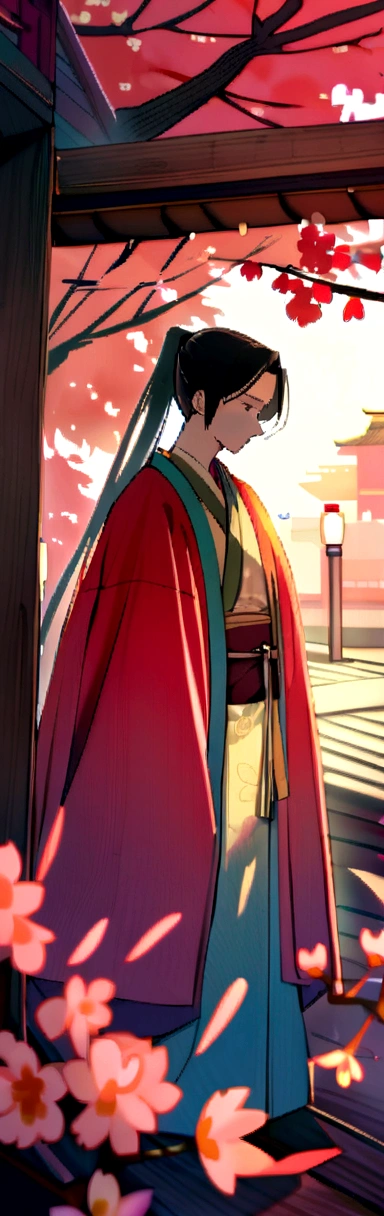 Animated male wearing traditional Chinese Hanfu, Standing under the cherry trees, Vintage ponytail long hair,