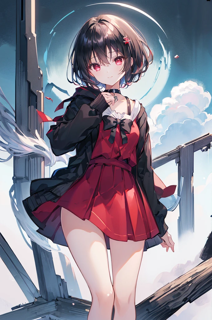 (masterpiece, highest quality, highest quality, (No text), Beautiful and aesthetic:1.2),No text,アニメ、BREAK,One Girl,Black Hair Girl short hair older sister choker Tree Eyes Beautiful eyes Red eyes cool smile Red and Black Black jacket mini skirt whole body In town