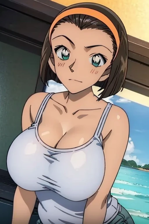 looking at the camera、When I Look at You、lookatviewer、Anime Style、Eroge、1 Girl, (Huge breasts), (Tight white camisole dress)、Low Angle、Brown haired, hair band、Bob Hair、The forehead is visible、blush,The whole body is visible:1.5、Dolphin Shorts、Cleavage、The camisole is round around the chest