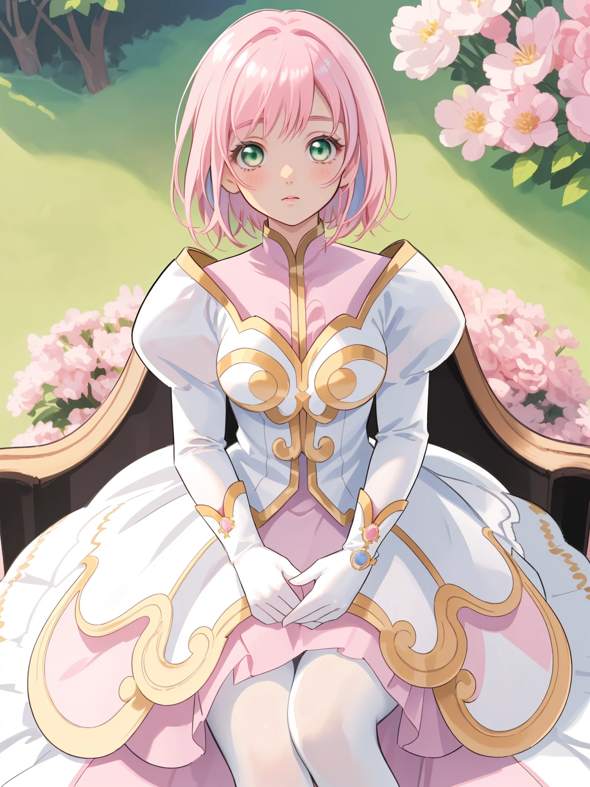 masterpiece, Highest quality, alone, One Girl,Estellise Sidos Heurassein, Pink Hair, short hair, Green Eyes, Small breasts, White and pink dress, Glamorous Dress, Pink collar, Pink Skirt, White boots, White gloves, (Black Pantyhose, Black legwear:1.1)whole body, Little:5, cute, (Beautifully detailed face), (Beautiful attention to detail), (Beautiful detailed hair)