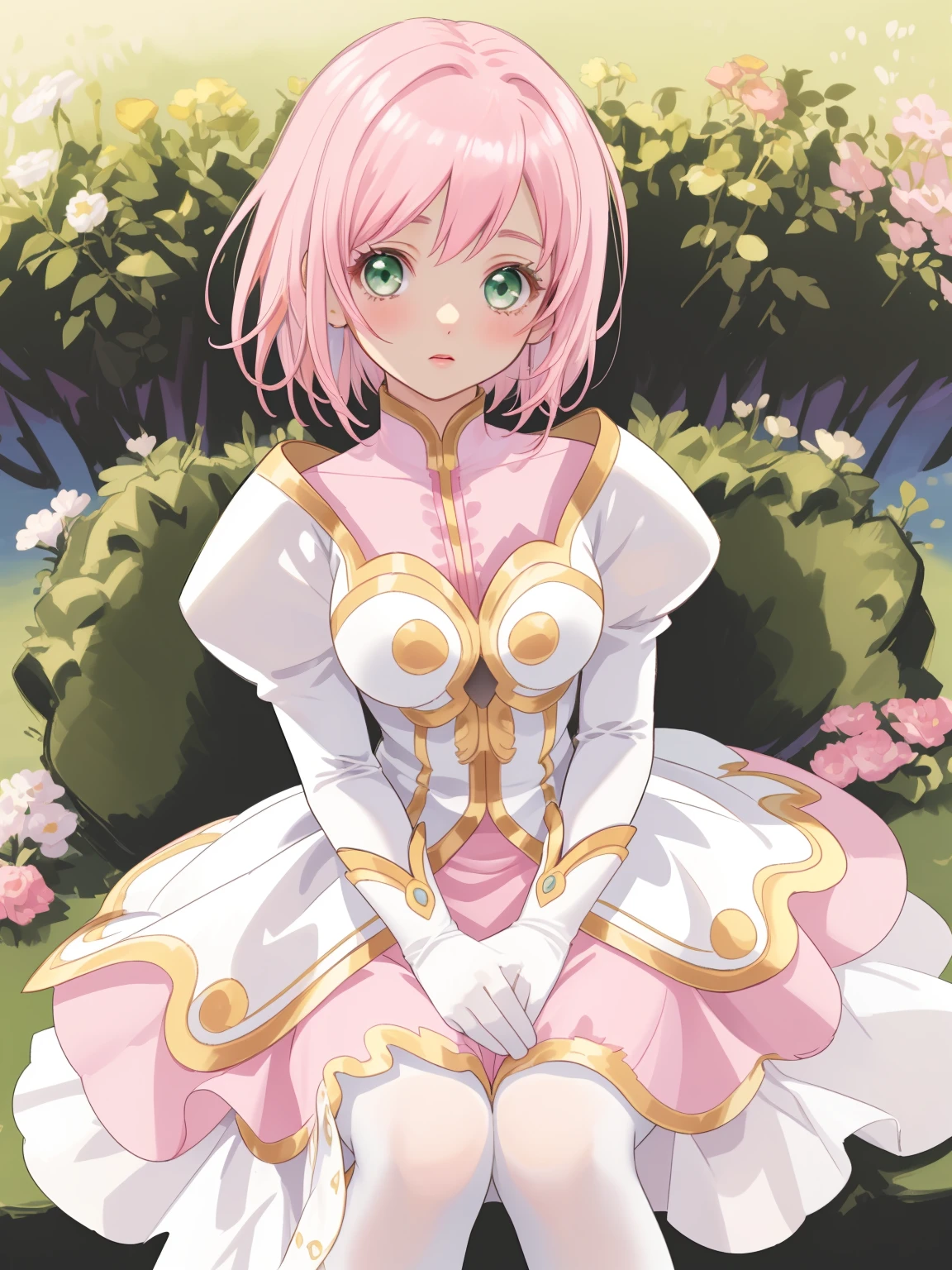 masterpiece, Highest quality, alone, One Girl,Estellise Sidos Heurassein, Pink Hair, short hair, Green Eyes, Small breasts, White and pink dress, Glamorous Dress, Pink collar, Pink Skirt, White boots, White gloves, (Black Pantyhose, Black legwear:1.1)whole body, Little:5, cute, (Beautifully detailed face), (Beautiful attention to detail), (Beautiful detailed hair)