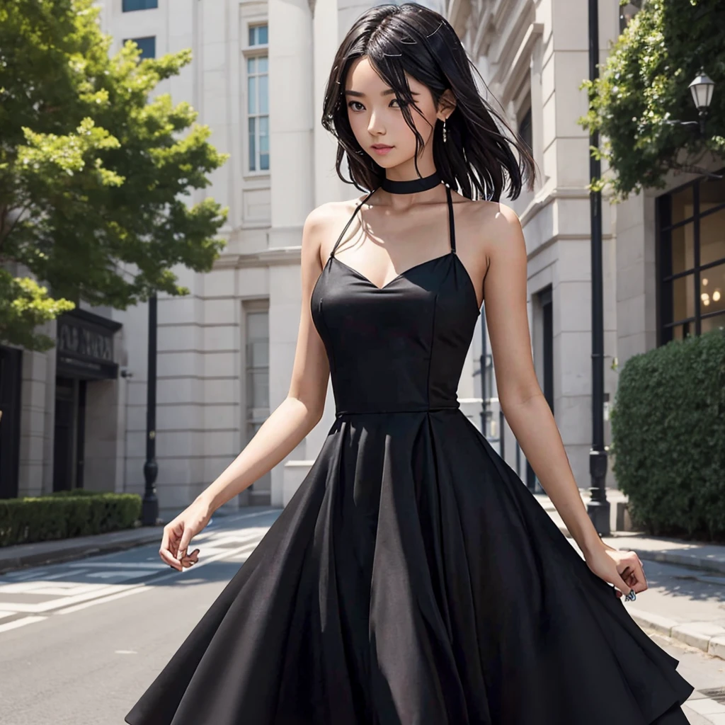 Make a girl wearing a elegant black dress