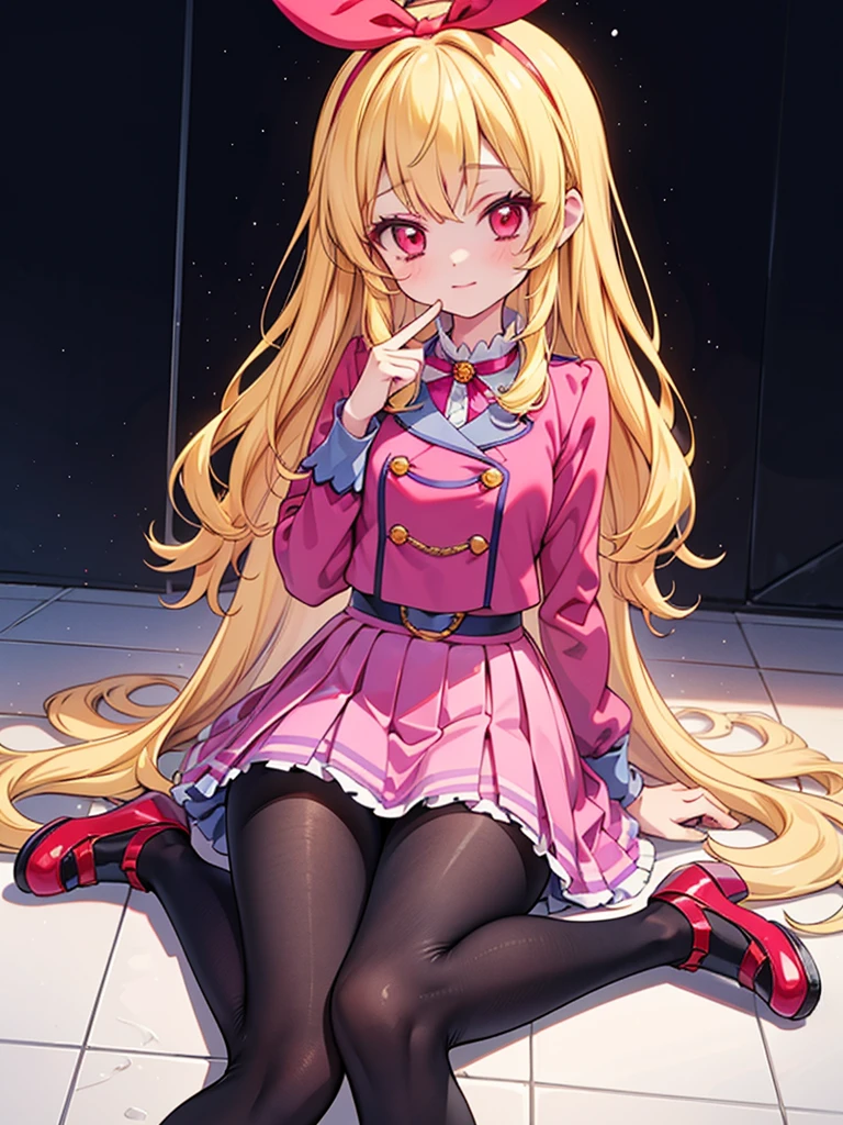 an anime girl wearing a short skirt and sitting on a floor all dressed up,1girl,pantyhose,solo,panties under pantyhose,underwear,panties,long hair,blonde hair,red eyes,,skirt,_breasts,shoes,Ichigo Hoshimiya (Aikatsu!)